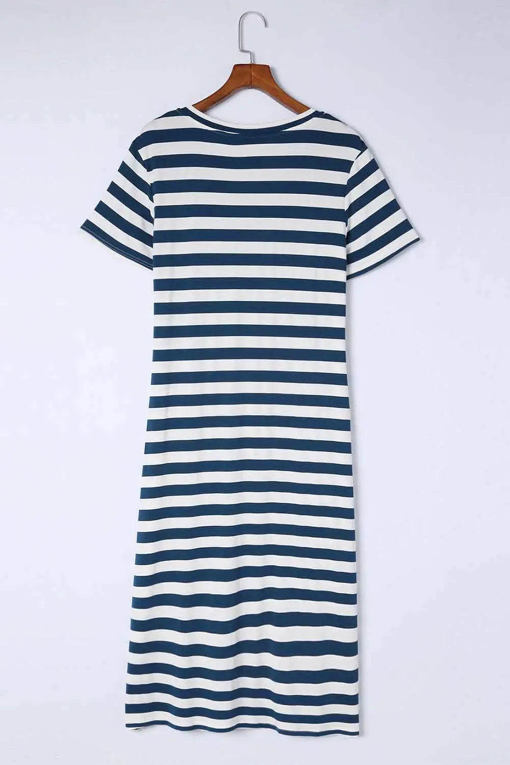 Blue stripe print v neck maxi dress with side splits - dresses