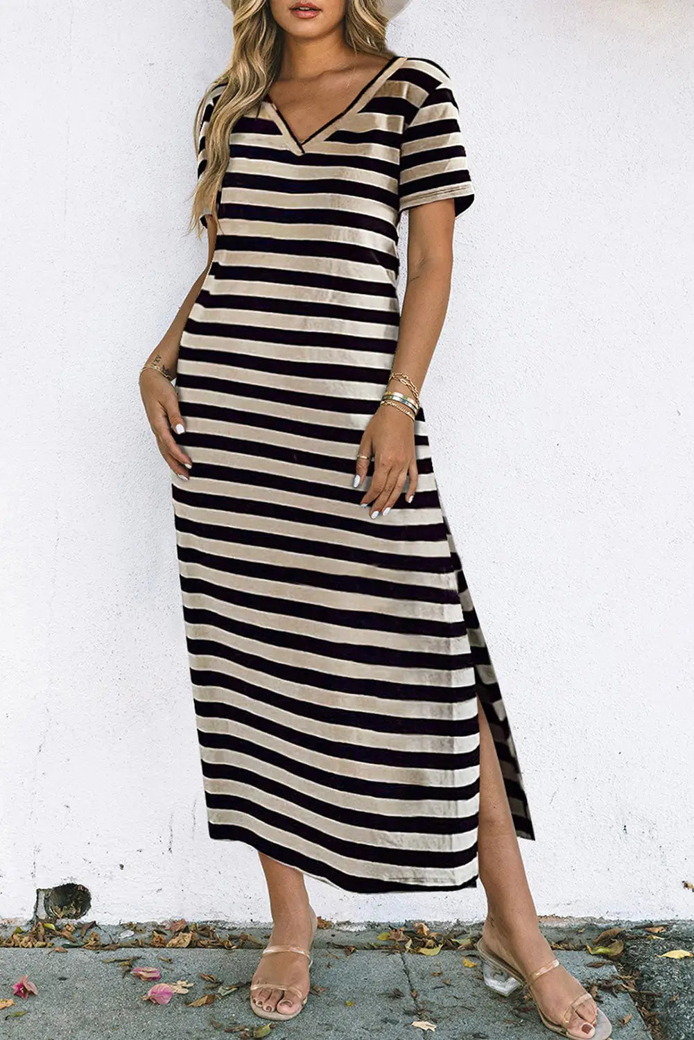Blue stripe print v neck maxi dress with side splits - dresses
