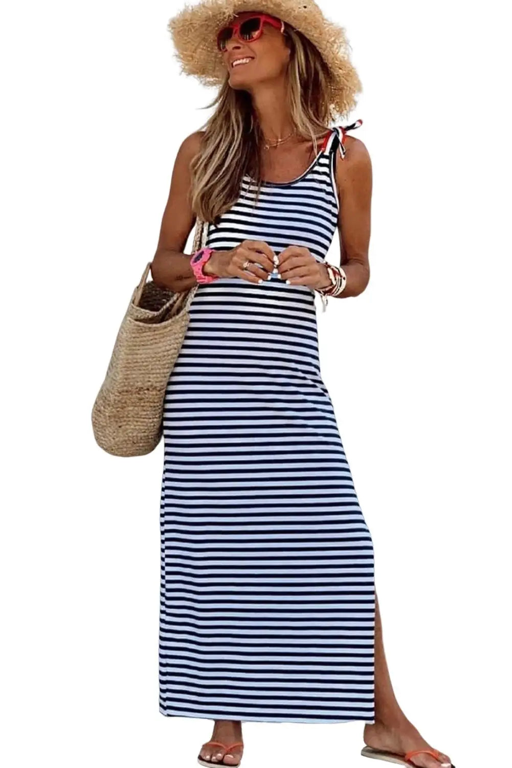 Blue striped print lace-up straps sleeveless maxi dress with slit - dresses