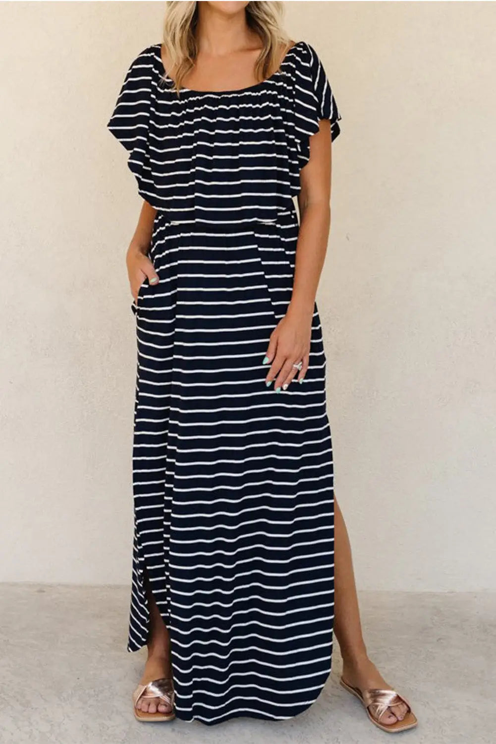 Blue striped print ruffled high waist maxi dress with side