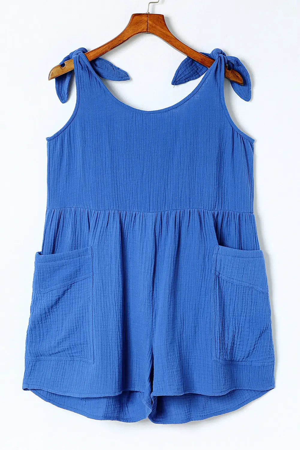 Blue textured knotted straps high waist wide leg romper - jumpsuits & rompers