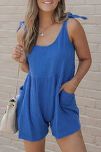 Blue Textured Knotted Straps Romper - Fashionfitz