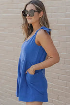 Blue Textured Knotted Straps Romper - Fashionfitz