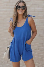 Blue Textured Knotted Straps Romper - Fashionfitz