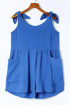 Blue Textured Knotted Straps Romper - Fashionfitz