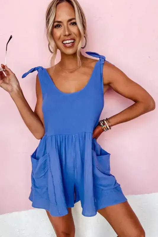Blue Textured Knotted Straps Romper - Fashionfitz