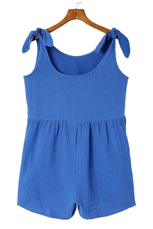 Blue Textured Knotted Straps Romper - Fashionfitz