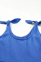 Blue Textured Knotted Straps Romper - Fashionfitz