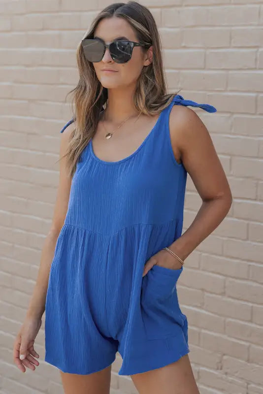 Blue textured knotted straps high waist wide leg romper - jumpsuits & rompers