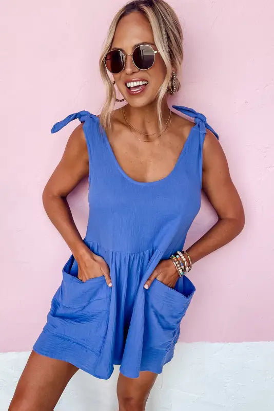 Blue textured knotted straps high waist wide leg romper - jumpsuits & rompers