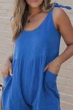 Blue Textured Knotted Straps Romper - Fashionfitz
