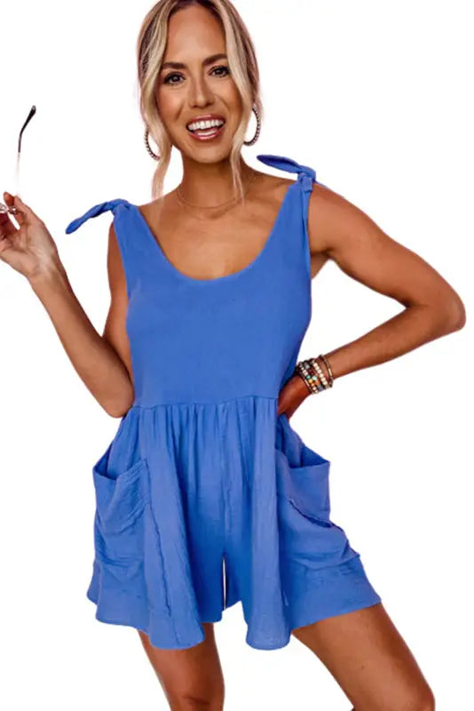 Blue textured knotted straps high waist wide leg romper - jumpsuits & rompers