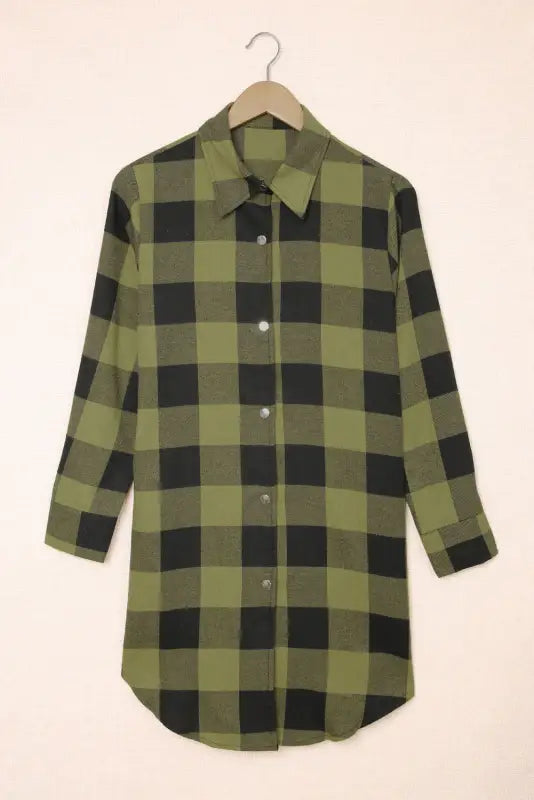 Blue turn-down collar plaid shirt jacket - green / s / 95% polyester + 5% elastane - outerwear