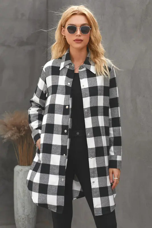 Blue turn-down collar plaid shirt jacket - outerwear