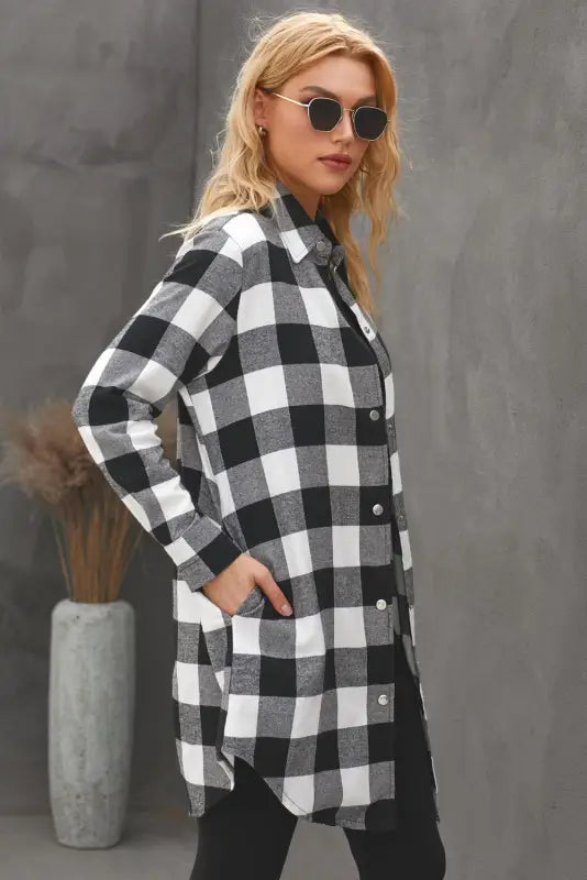 Blue turn-down collar plaid shirt jacket - outerwear