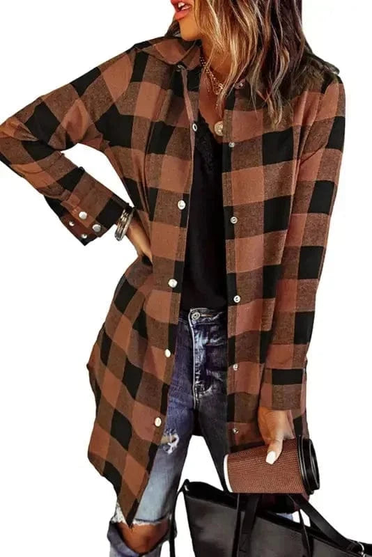 Blue Turn-down Collar Plaid Shirt Jacket - Fashionfitz
