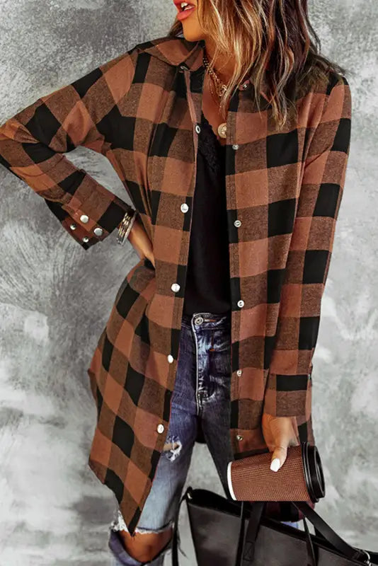 Blue turn-down collar plaid shirt jacket - brown / s / 95% polyester + 5% elastane - outerwear