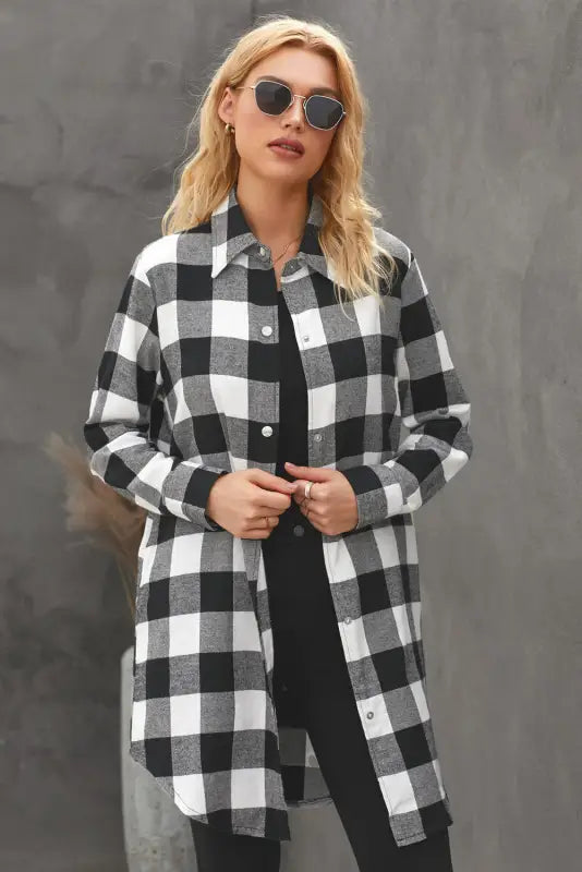 Blue turn-down collar plaid shirt jacket - outerwear