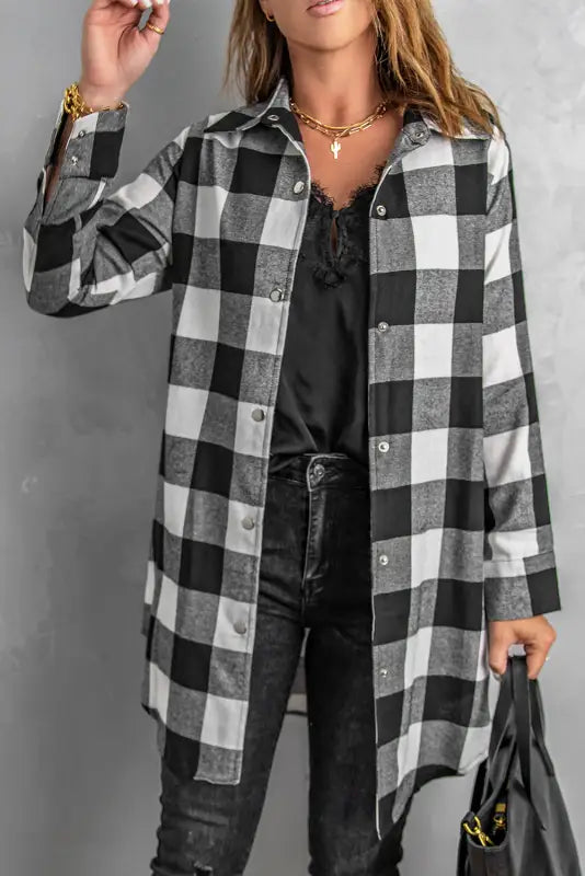 Blue turn-down collar plaid shirt jacket - outerwear