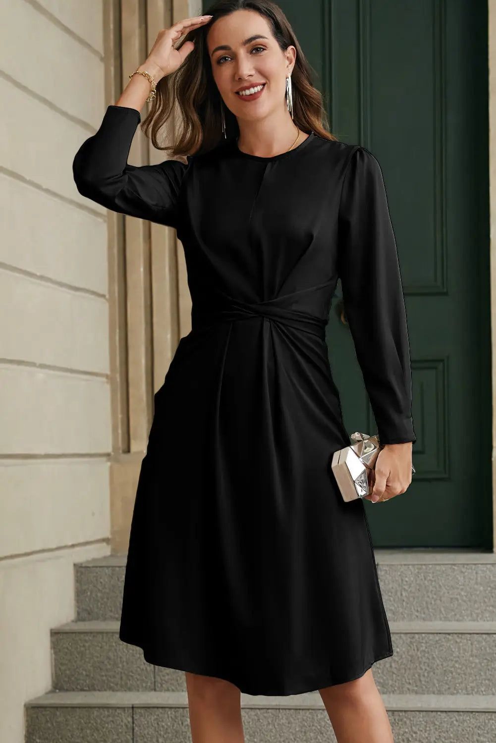 Blue twist front tie back long sleeve satin dress - black / s / 90% polyester + 10% elastane - midi dresses