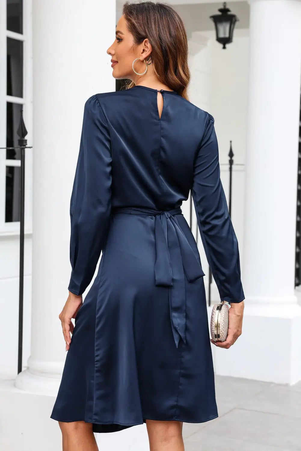 Blue twist front tie back long sleeve satin dress - midi dresses