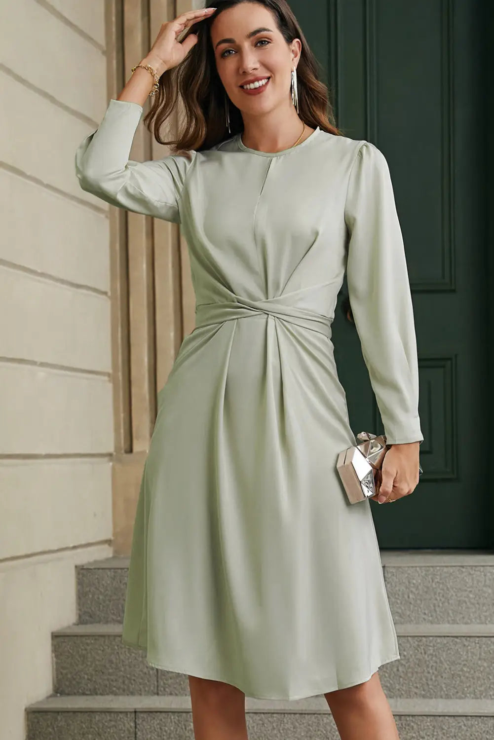 Blue twist front tie back long sleeve satin dress - green / s / 90% polyester + 10% elastane - midi dresses