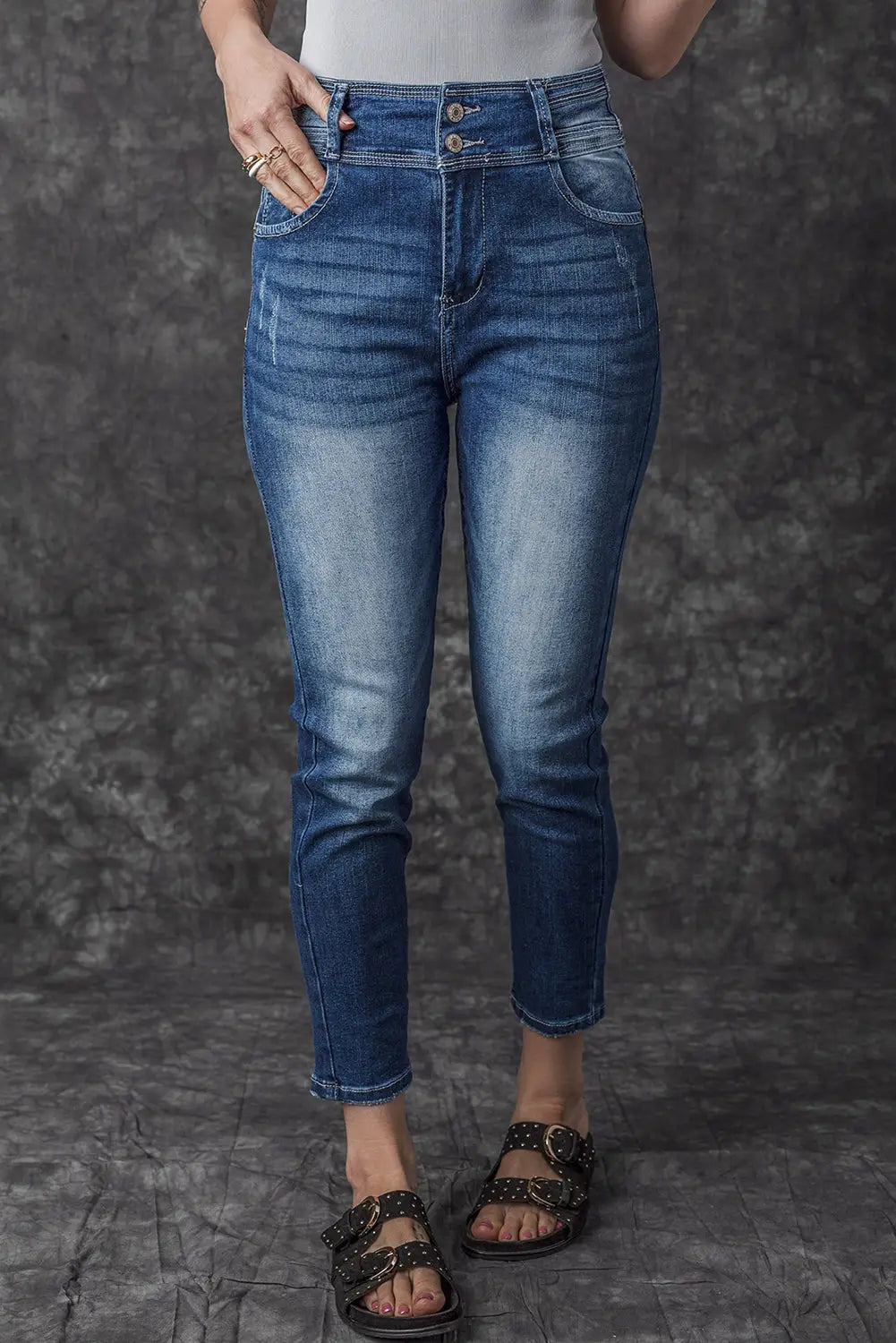 Blue vintage washed two-button high waist skinny jeans - 6 / 71% cotton + 27.5% polyester + 1.5% elastane - bottoms