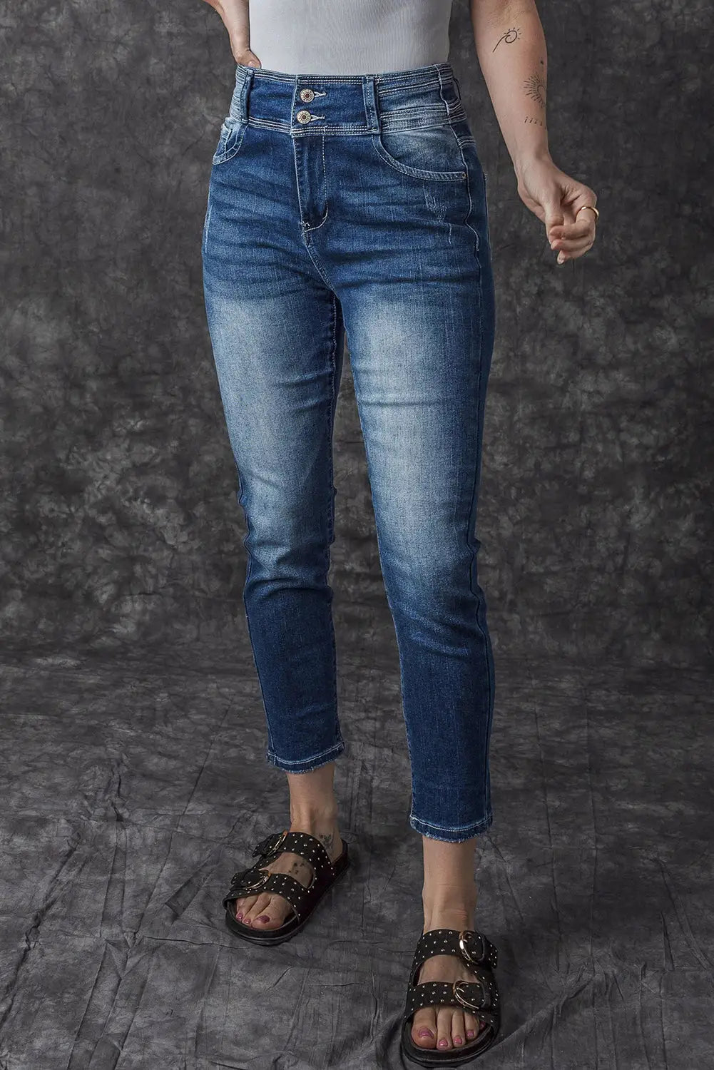 Blue vintage washed two-button high waist skinny jeans - bottoms