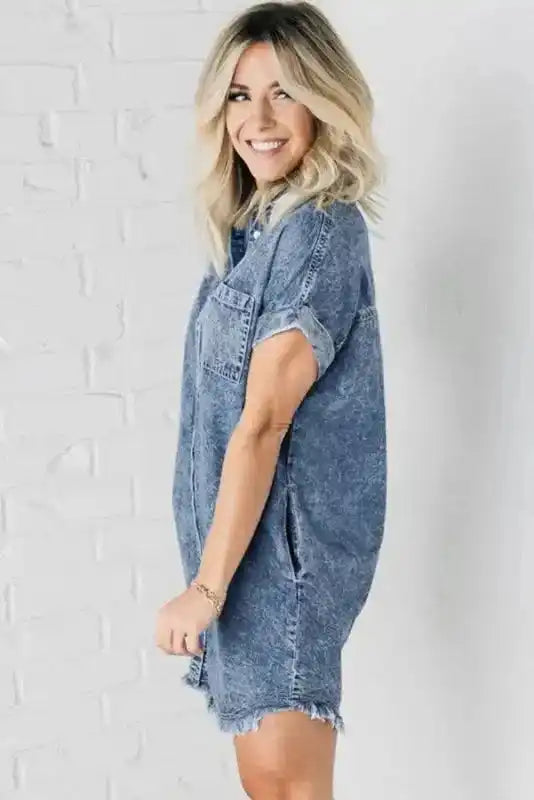 Blue Wash Mini Denim Dress - Fashionfitz