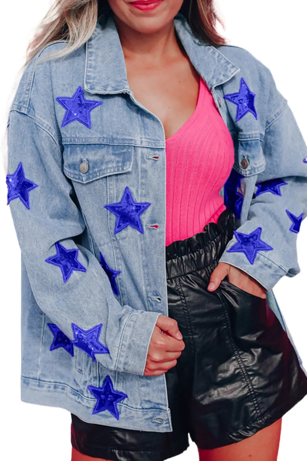 Bluing sequin star flap pocket denim jacket - jackets