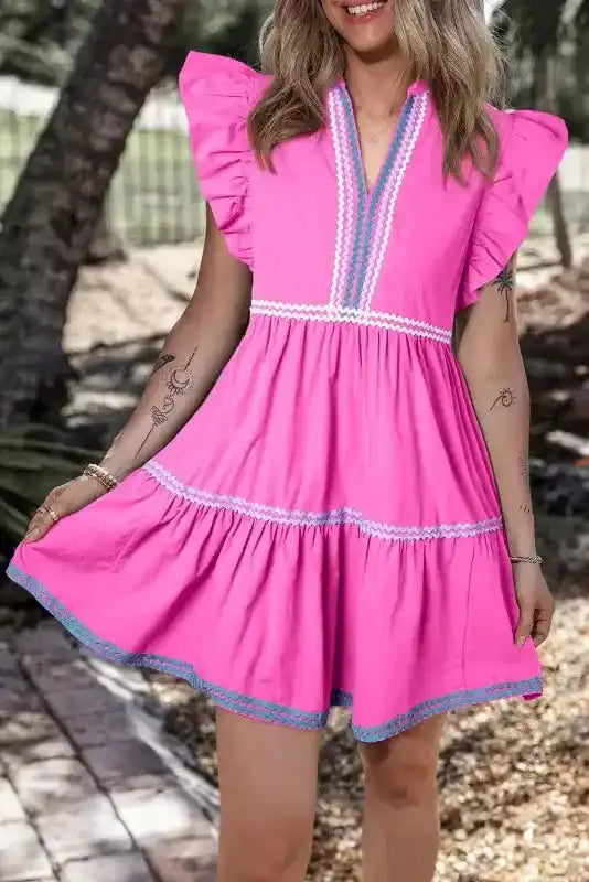 Strawberry pink flounce colourblock mini dress front view — Fashionfitz UK