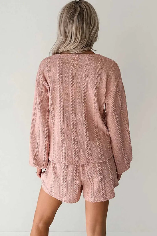 Back view of the Blush Pink Cable Knit Co‑Ord showing textured knit pattern on the cardigan and shorts, perfect for casual daily wear.