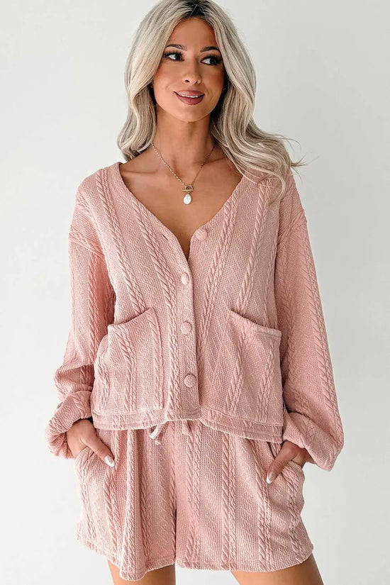 Front-facing view of the Blush Pink Cable Knit Co‑Ord with V-neck cardigan and shorts, designed for cosy and stylish indoor lounging.