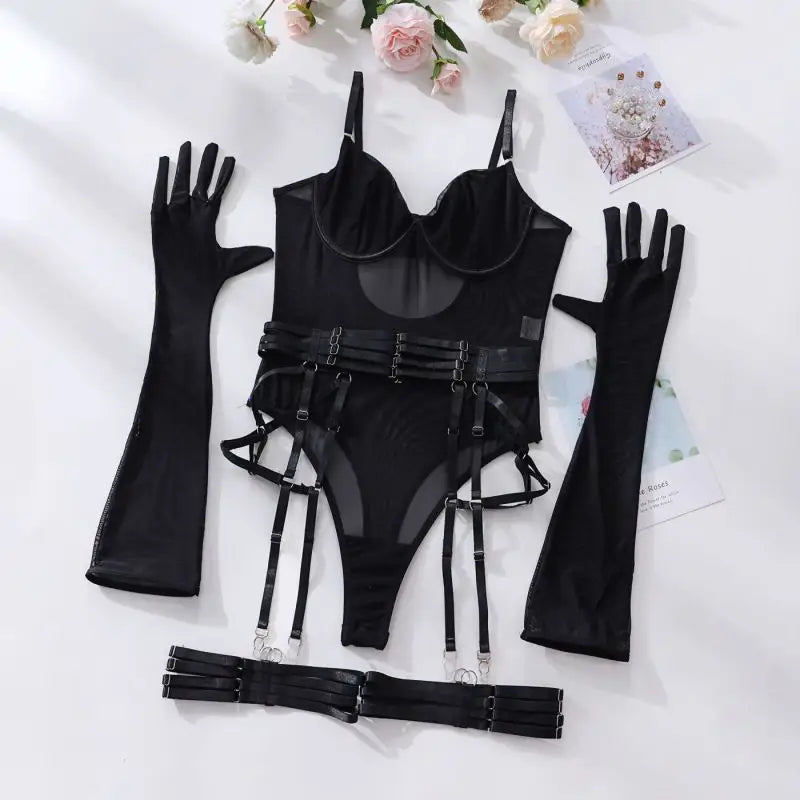 Body language mesh teddy lingerie set - black / s