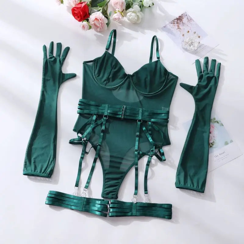 Body language mesh teddy lingerie set - green black jasper / s