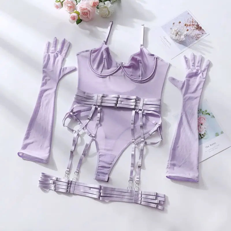 Body language mesh teddy lingerie set - purple / s