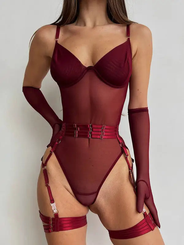 Body language mesh teddy lingerie set - wine red / s