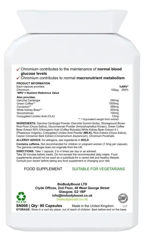 Back label of BodyLean showing Garcinia Cambogia, green tea extract and chromium ingredients with dosage guide