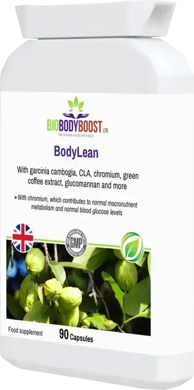 BodyLean Garcinia Cambogia angled view — natural weight loss and appetite management supplement, BioBodyBoost UK