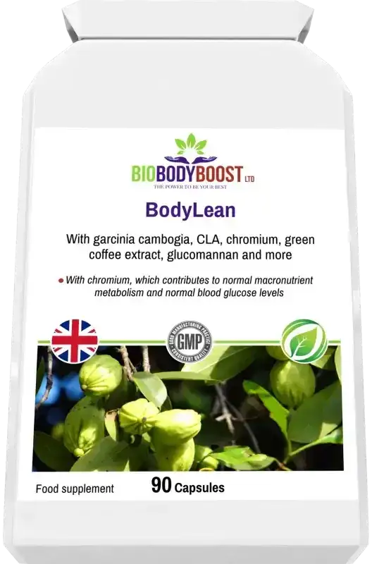 Side profile of BodyLean Garcinia Cambogia Complex — compact white supplement packaging, BioBodyBoost UK