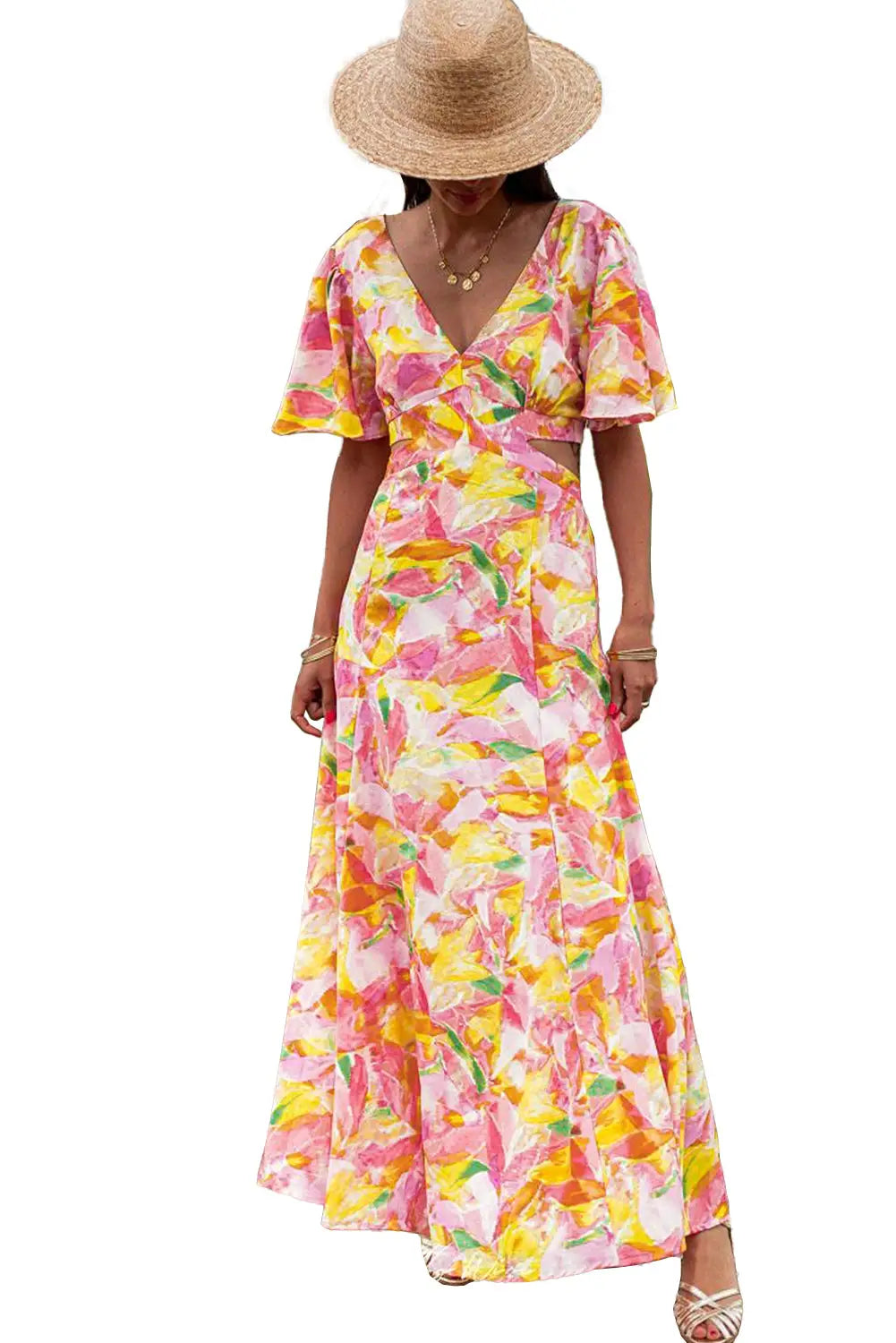 Bohemian flutter sleeve floral maxi dress - dresses