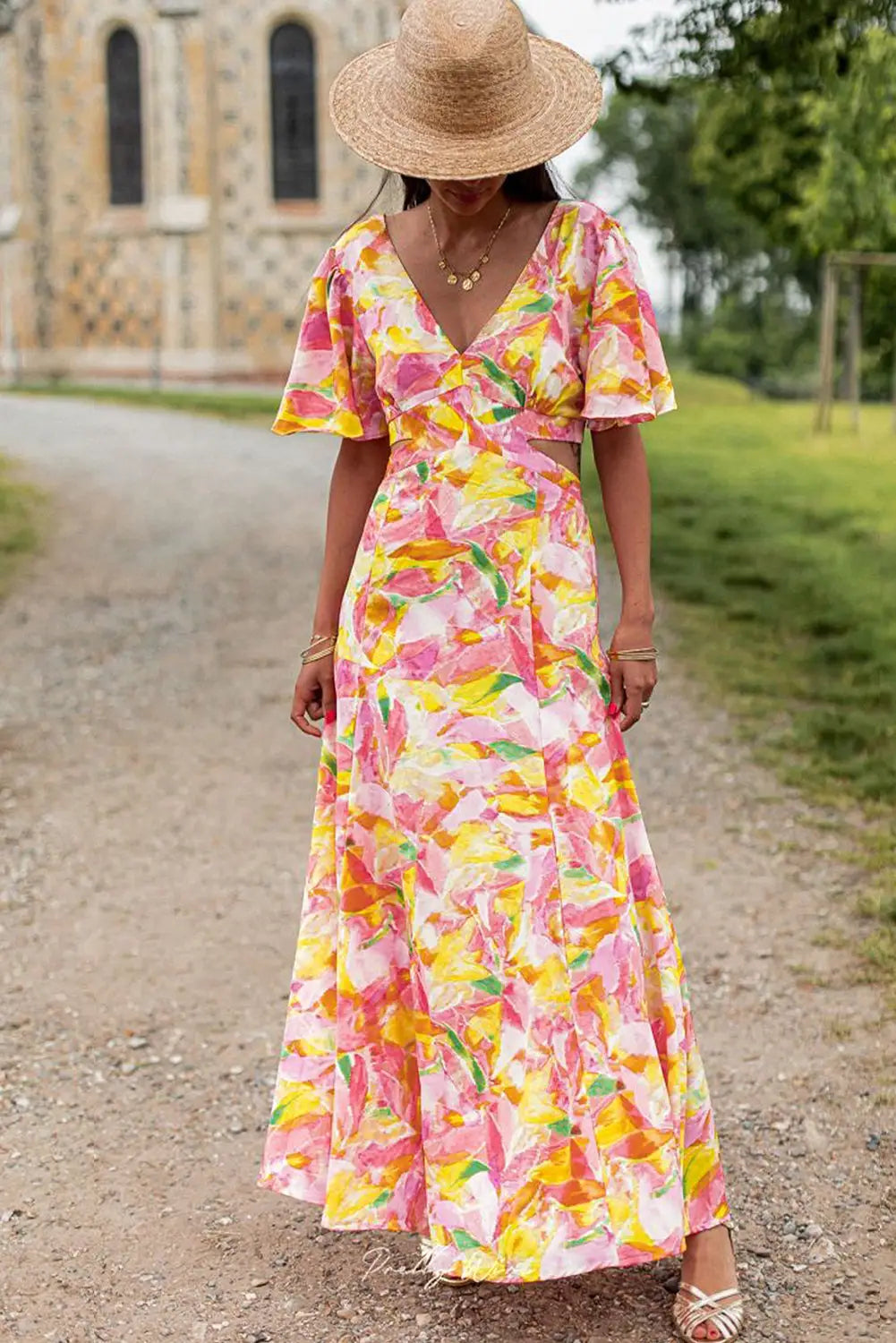 Bohemian flutter sleeve floral maxi dress - dresses