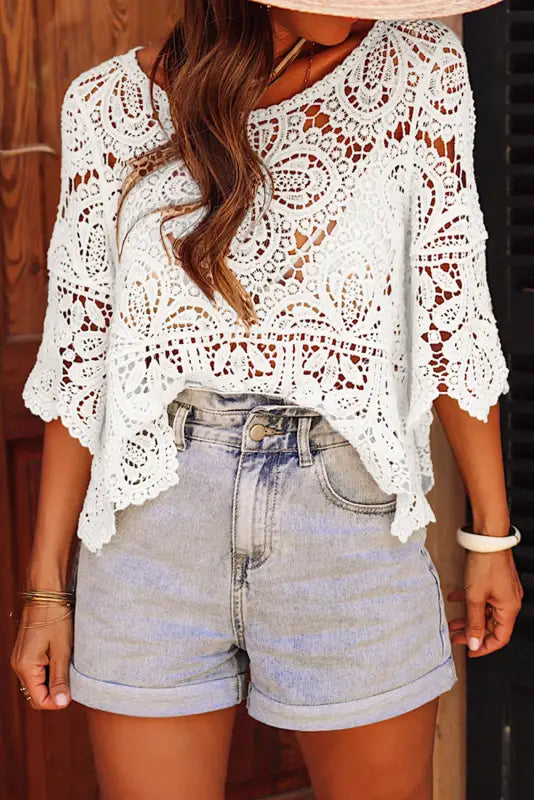 Bohemian macrame blouse - lace crochet half sleeve oatmeal - s / 100% polyester - tops/blouses & shirts