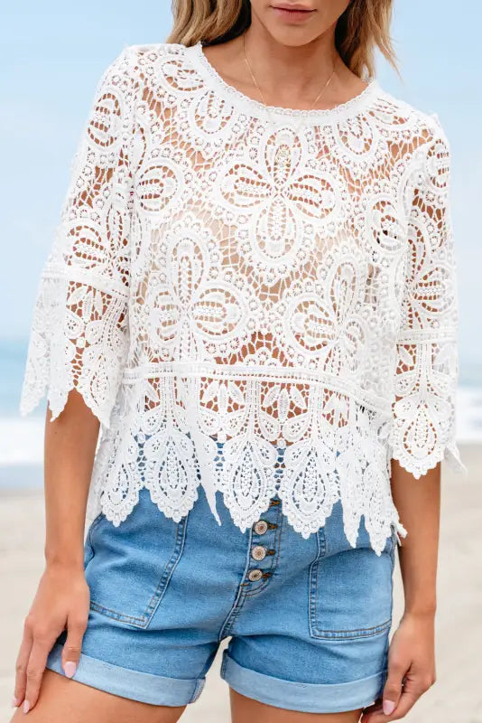 Bohemian macrame blouse - lace crochet half sleeve oatmeal - tops/blouses & shirts