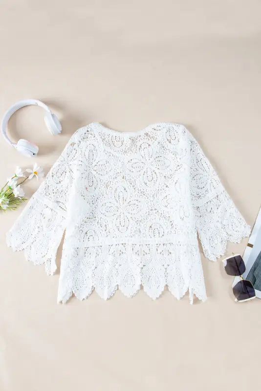 Bohemian macrame blouse - lace crochet half sleeve oatmeal - tops/blouses & shirts