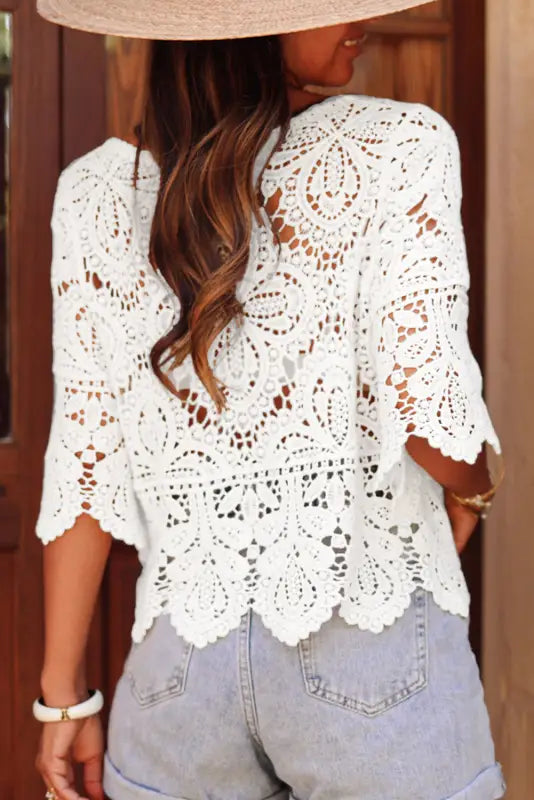 Bohemian macrame blouse - lace crochet half sleeve oatmeal - tops/blouses & shirts