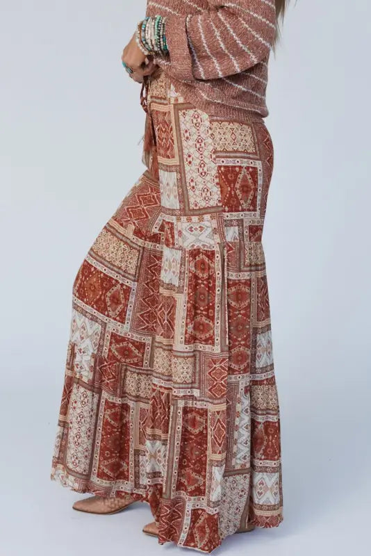 Boho aztec print tiered palazzo pants - wide leg