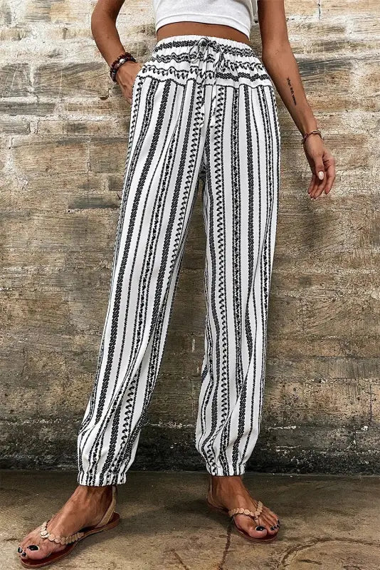 Boho breeze striped casual pants - black stripe / s / 100% polyester