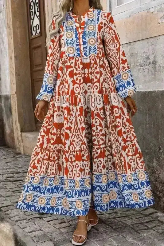 Boho mosaic paisley long sleeve maxi dress front view — Fashionfitz UK