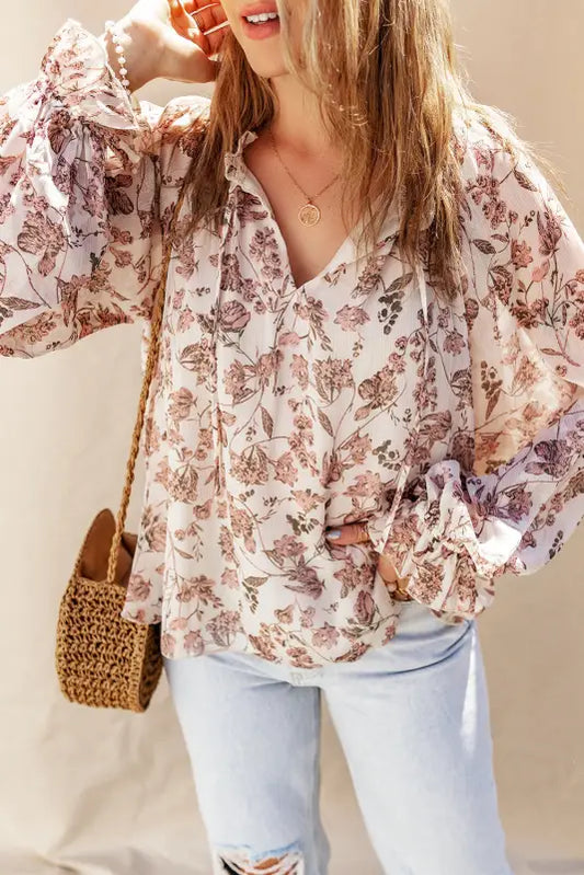 Boho floral bubble sleeve blouse - pink / s / 100% polyester - blouses